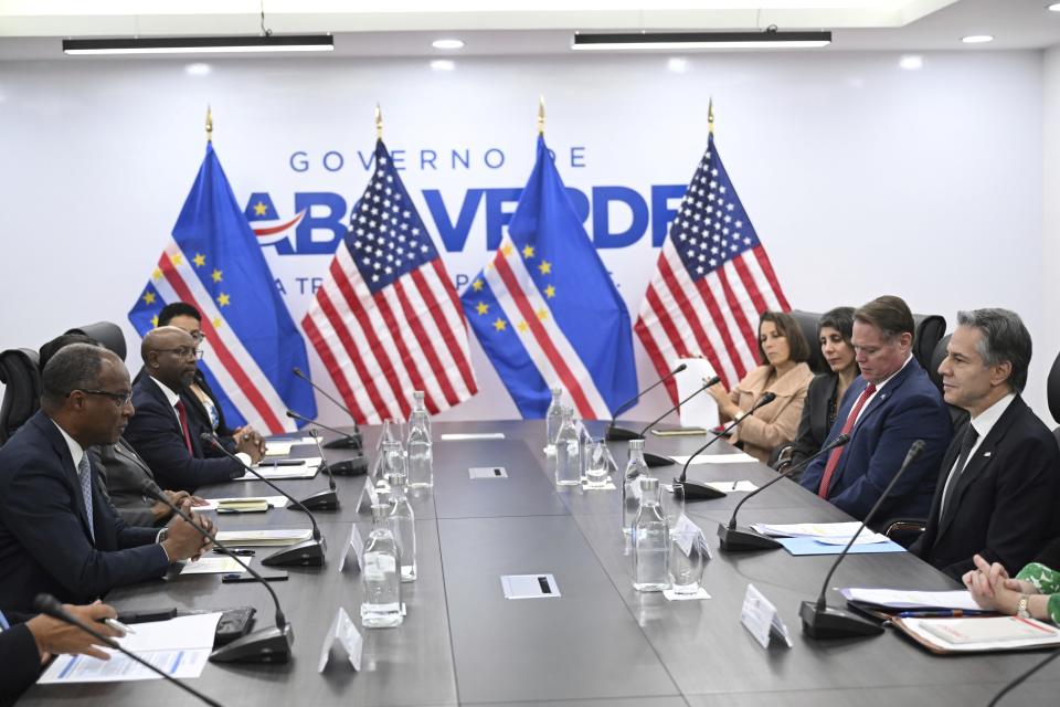 US Secretary of State Antony Blinken, right sits opposite Cape Verde Prime Minister Ulisses Correia e Silva, during a meeting at the Government Palace in Praia, Cape Verde, Monday, Jan. 22, 2024. (Andrew Caballero-Reynolds/Pool Photo via AP)