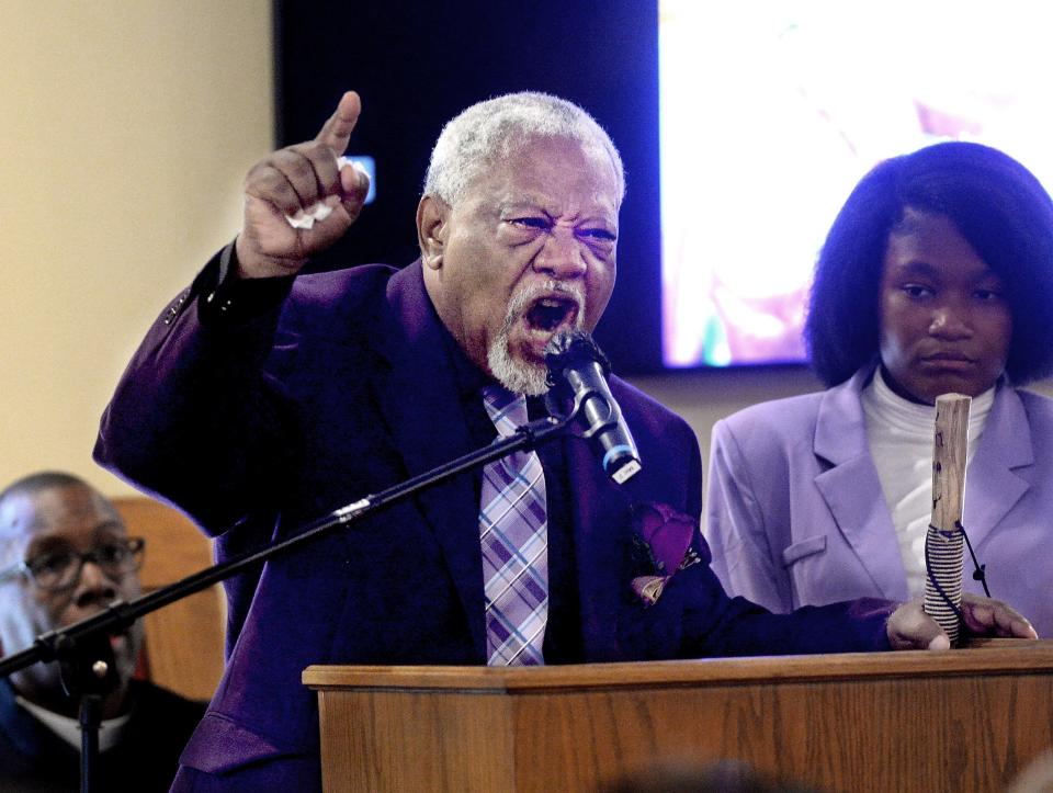 Father of Sonya Massey, James Wilburn, speak out about the deputy who shot and killed his daughter during her funeral service at Ruby's Funeral Services and Chapel in Springfield Friday, July 19, 2024.