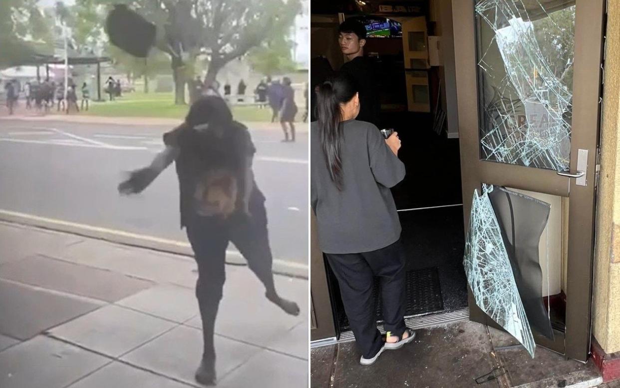 Rocks and bricks were thrown at the Todd Tavern in the town centre, say police