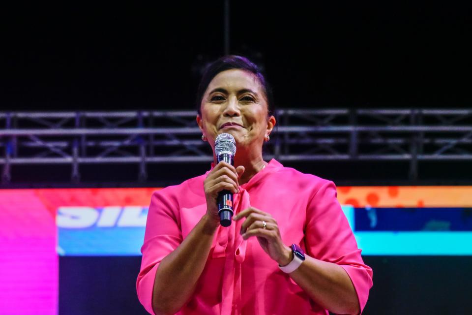 Presidential candidate Vice President Leni Robredo talks in front of supporters during the last day of their campaign in Ayala, Makati City, Philippines on May 7, 2022.