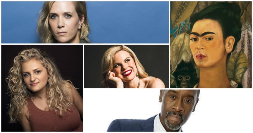 Clockwise from top: Kristen Wiig, Frida Kahlo in a self-portrait, Don Cheadle, Ali Stroker and, in the center, Megan Hilty.