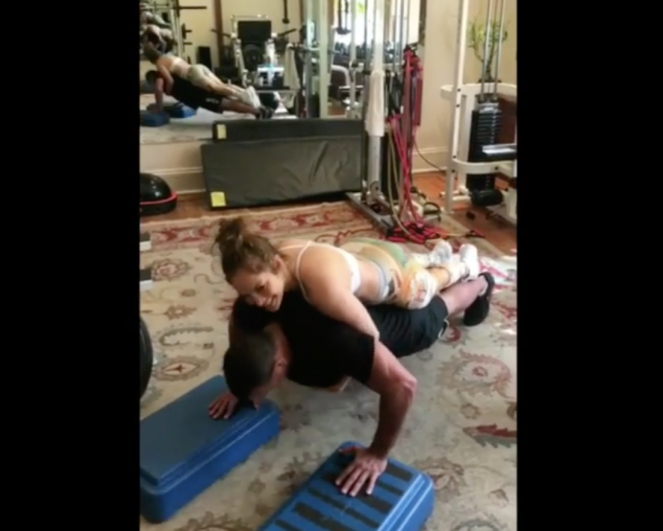 A-Rod doing pushups with J. Lo on his back. Beats being on the Yankees, huh? (@AROD)