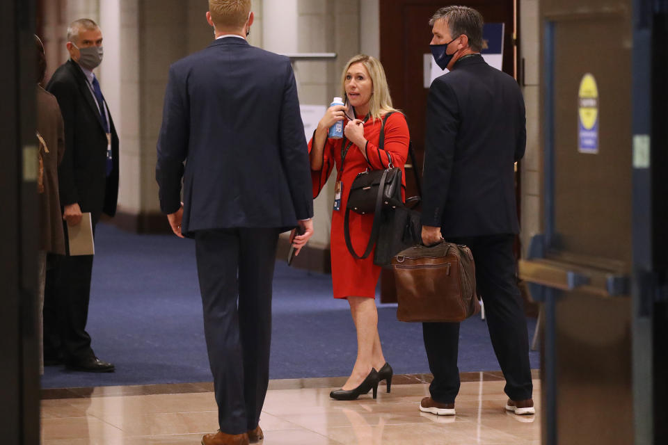 Marjorie Taylor Greene is seen in between meetings during an orientation for new members of Congress on Capitol Hill in Washington, D.C., Friday. (Photo by Chip Somodevilla/Getty Images)