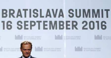European Council President Donald Tusk holds a news conference at the end of a European Union summit- the first one since Britain voted to quit- in Bratislava, Slovakia, September 16, 2016. REUTERS/Yves Herman