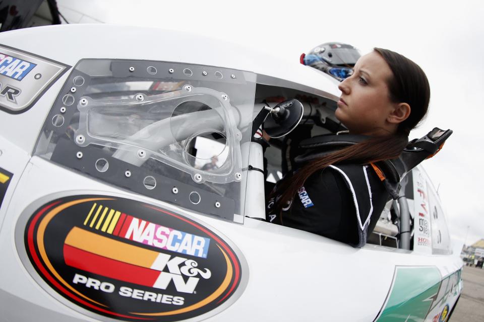 NEWTON, IA - MAY 16: Kenzie Ruston, driver of the #4 Rev Racing Toyota, prepares to drive during practice for the NASCAR K&N Pro Series Casey\