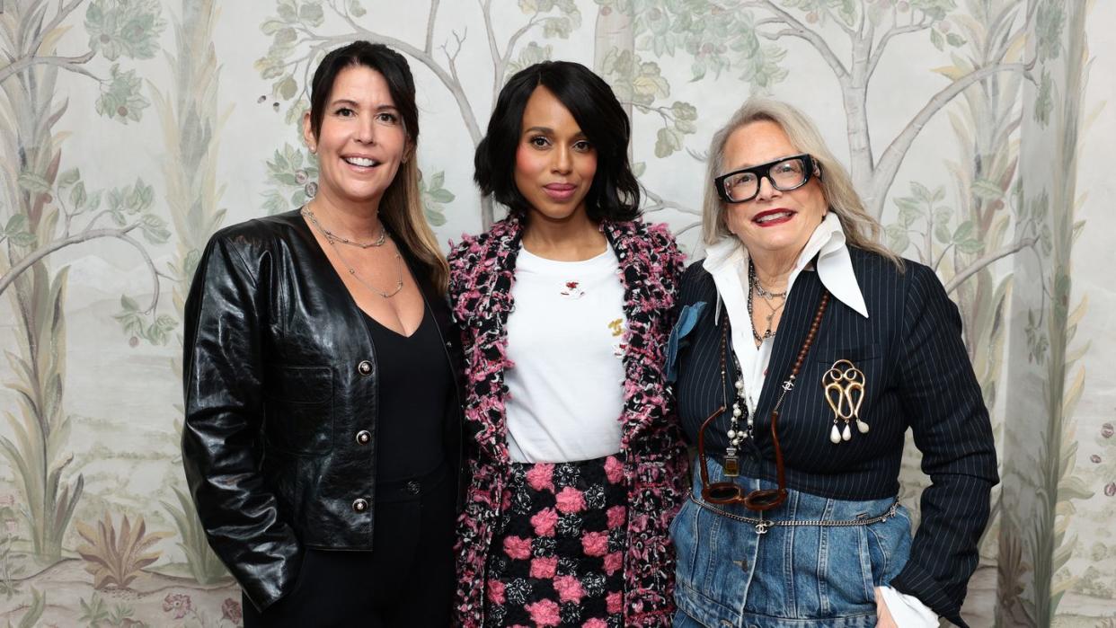 new york, new york june 07 l r patty jenkins, kerry washington and laura karpman, all wearing chanel, attend the tribeca and chanel through her lens conversation at crosby street hotel on june 07, 2024 in new york city photo by dimitrios kambouriswireimage