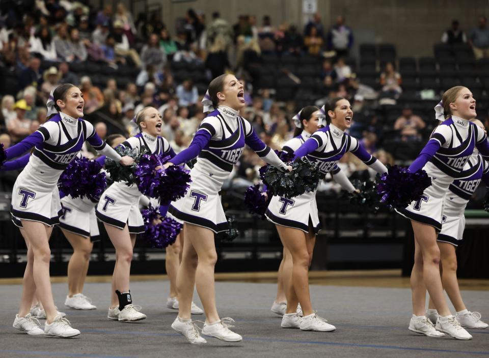 Tabiona High School competes in the Competitive Cheer Tournament at the UCCU Center at Utah Valley University in Orem on Thursday, Jan. 25, 2023. | Laura Seitz, Deseret News