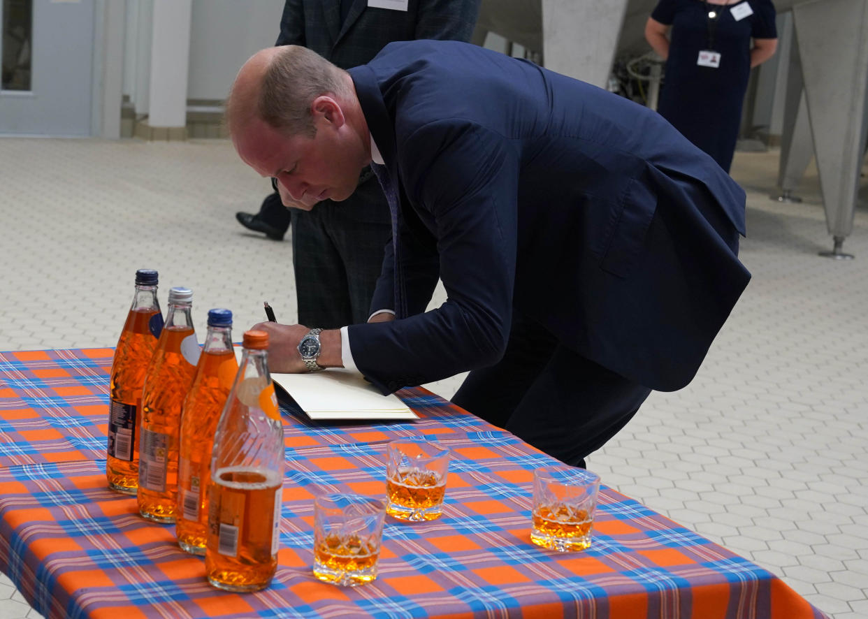 The Duke of Cambridge, known as the Earl of Strathearn in Scotland, during a visit to AG Barr's factory in Cumbernauld, where the drink is manufactured, as part of Queen Elizabeth II's traditional trip to Scotland for Holyrood Week. Picture date: Monday June 28, 2021.