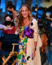 <p>The actress was also seen carrying a sequinned Fendi Baguette - a bag that Carrie made a cult style piece in the original series ("This is not a bag - it's a Baguette!").</p><p><a class="link " href="https://www.farfetch.com/uk/sets/women/fendi-baguette.aspx" rel="nofollow noopener" target="_blank" data-ylk="slk:SHOP VINTAGE FENDI BAGUETTES;elm:context_link;itc:0;sec:content-canvas">SHOP VINTAGE FENDI BAGUETTES</a></p>