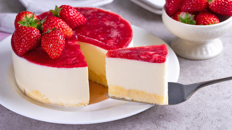 Glazed coconut cheesecake with strawberry rhubarb jam on top