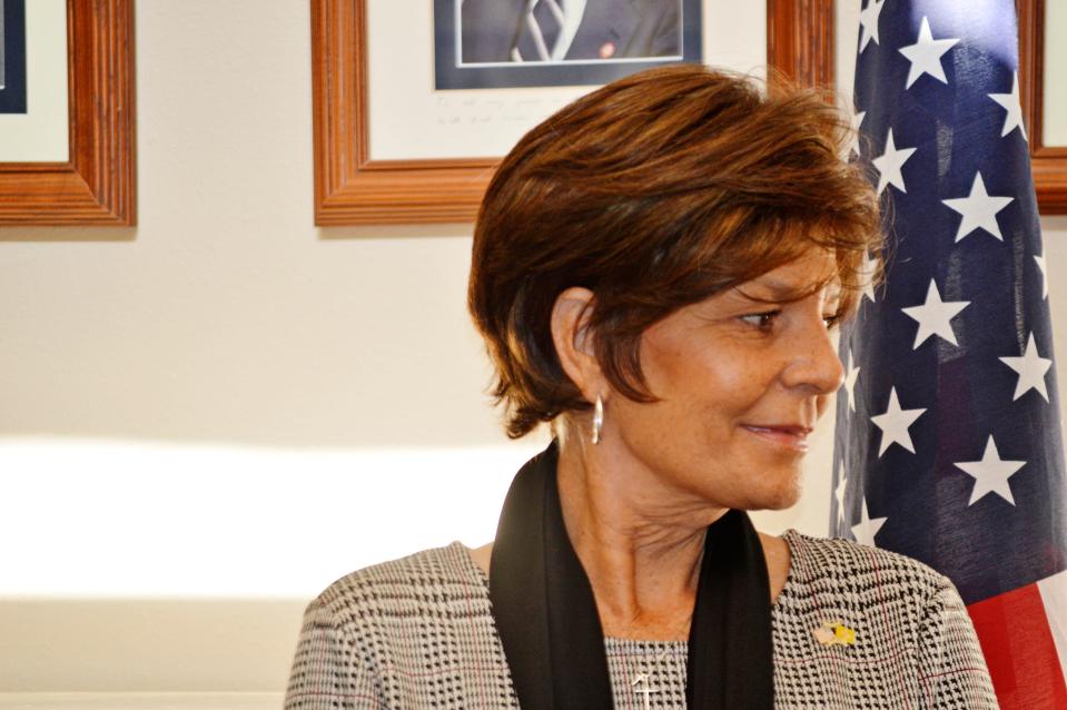 In this Nov. 4, 2019, file photo, Republican U.S. House hopeful Yvette Herrell of New Mexico waits for a news conference in Albuquerque, N.M., about a GOP challenge to the way the state is counting absentee ballots.