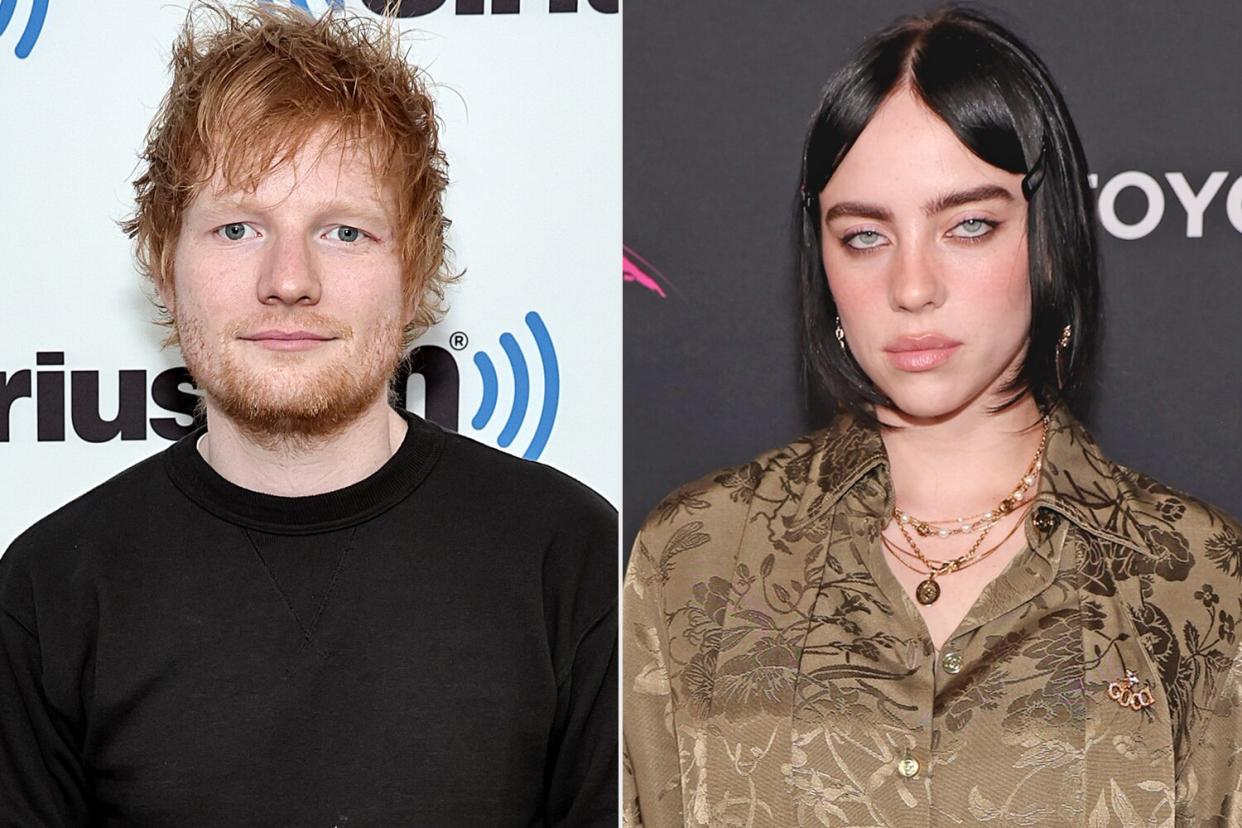 Ed Sheeran visits SiriusXM at SiriusXM Studios on October 17, 2022 in New York City. (Photo by Jamie McCarthy/Getty Images); Billie Eilish at the EMA Awards Gala held at Sunset Las Palmas Studios on October 8, 2022 in Los Angeles, California. (Photo by Christopher Polk/WWD via Getty Images)