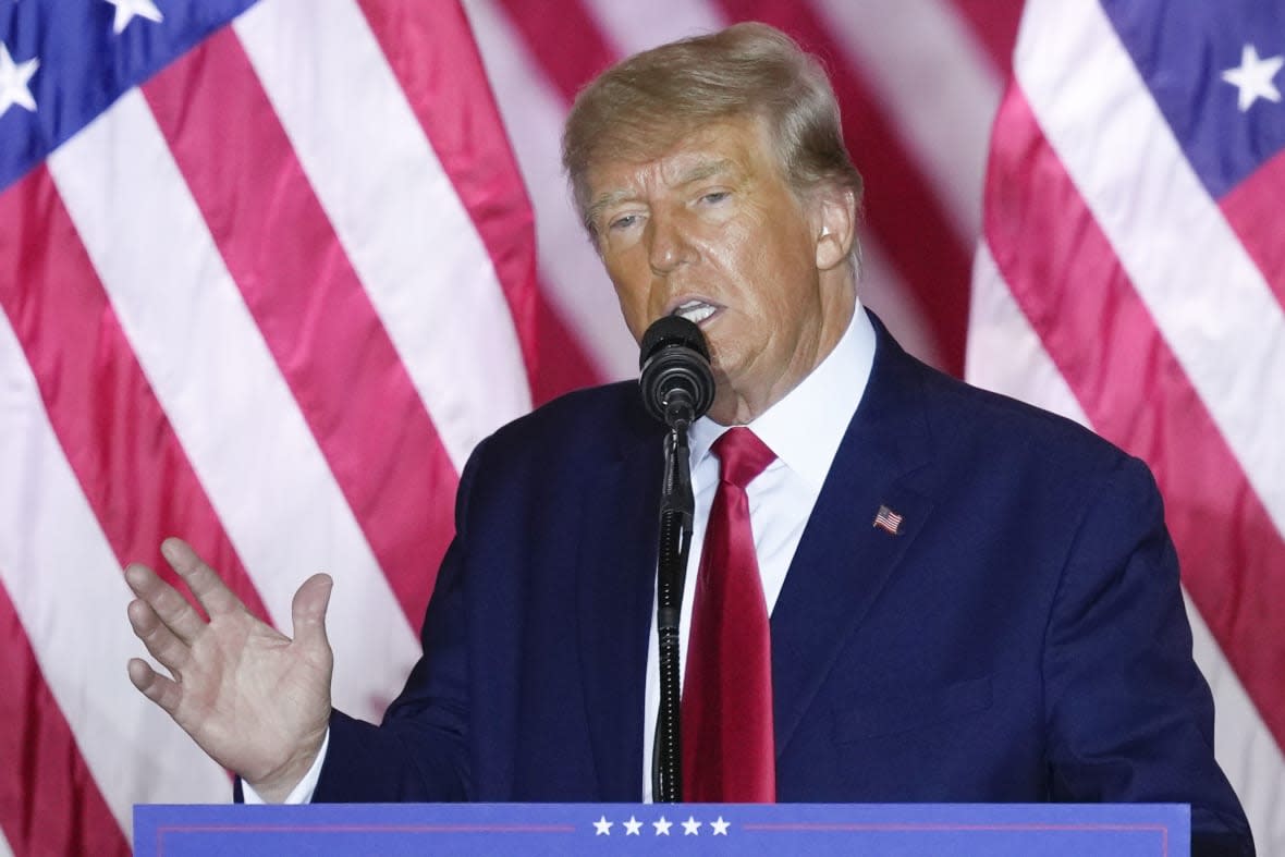 Former President Donald Trump speaks as he announces a third run for President, at Mar-a-Lago in Palm Beach, Fla., Nov. 15, 2022. Trump and his aides are bracing for a potential indictment in the classified documents investigation as prosecutors handling the probe were spotted at a Miami courthouse where a grand jury has been hearing from witnesses. Trump’s lawyers have been told that he is a target of the investigation, the clearest indication yet that criminal charges could be coming soon, according to one person familiar with the matter. (AP Photo/Rebecca Blackwell, File)