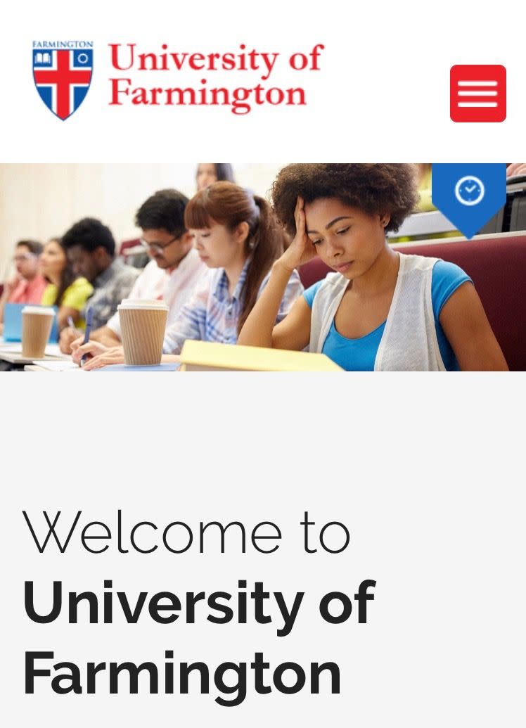 Website of the University of Farmington in Farmington Hills, Michigan. Prosecutors say it is a fake university set up by the Dept. of Homeland Security.