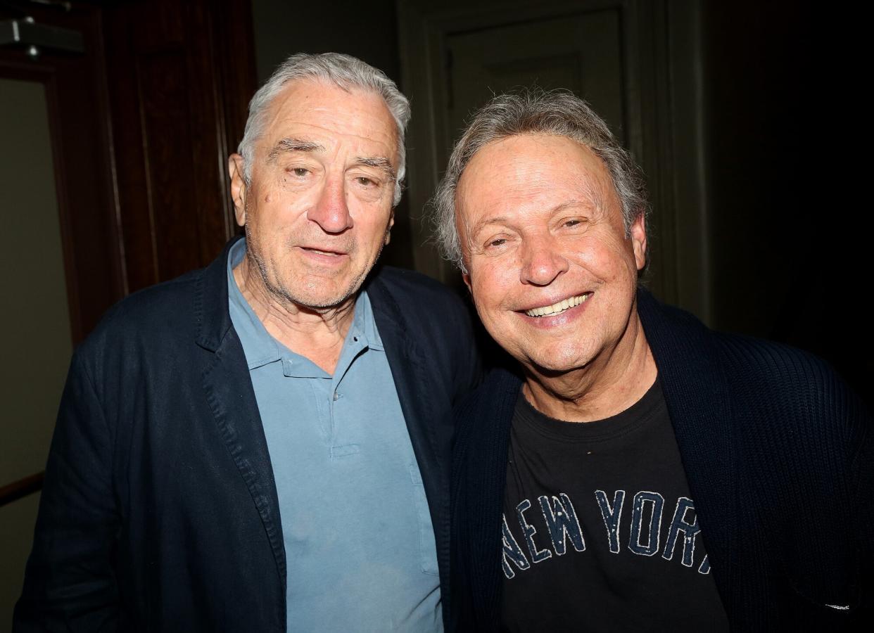 Robert De Niro and Billy Crystal (co-stars in the 1999 film "Analyze This") pose backstage at the hit musical "Mr. Saturday Night" on Broadway at The Nederlander Theater on July 6, 2022 in New York City.