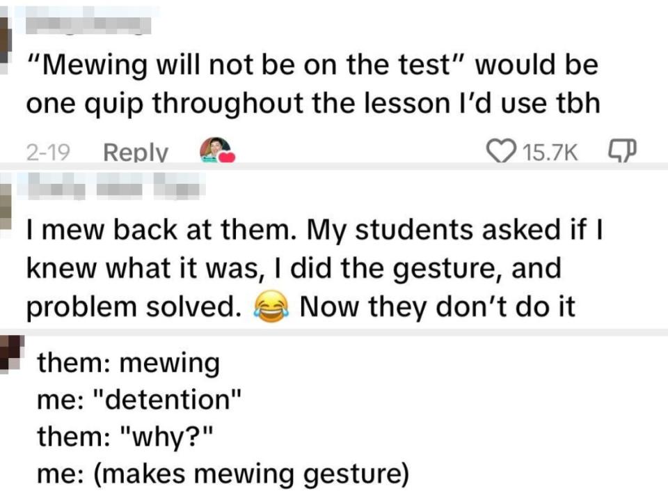 Social media screenshot discussing students' use of 'mewing,' a teacher's reaction, and a humorous classroom exchange on the topic