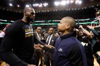 May 25, 2017; Boston, MA, USA; Cleveland Cavaliers forward LeBron James (23) and Boston Celtics guard Isaiah Thomas (4) meet after game five of the Eastern conference finals of the NBA Playoffs at the TD Garden. Mandatory Credit: Greg M. Cooper-USA TODAY Sports