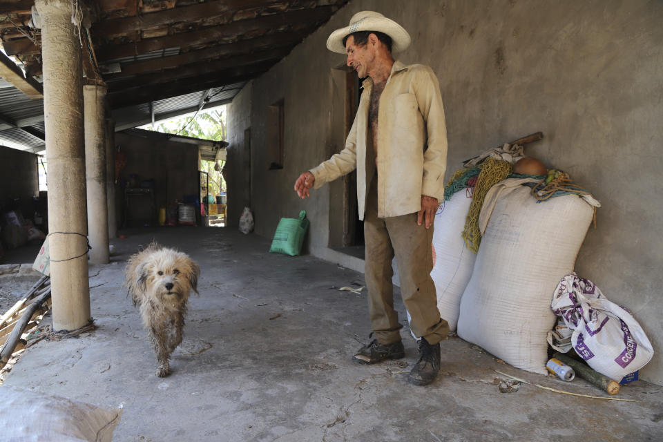 José Carlos Navarrete, a veteran fighter of the Farabundo Martí National Liberation Front (FMLN) stands with his dog at home in San Jose Las Flores, El Salvador, Wednesday, Feb. 28, 2024. El Salvador held its mayoral elections on March 3. (AP Photo/Salvador Melendez)