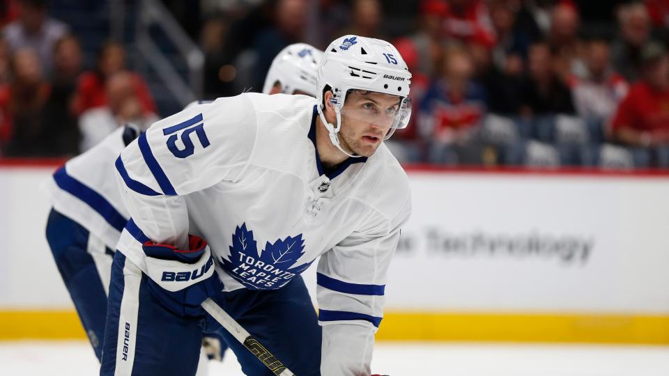 The Toronto Maple Leafs will be without Alex Kerfoot for two games because of the hit on Saturday. (Amber Searls-USA TODAY Sports)