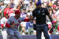 St. Louis Cardinals manager Oliver Marmol argues with home plate umpire Alan Porter during the third inning of a baseball game against the Milwaukee Brewers Sunday, May 12, 2024, in Milwaukee. Marmol was ejected from the game. (AP Photo/Morry Gash)