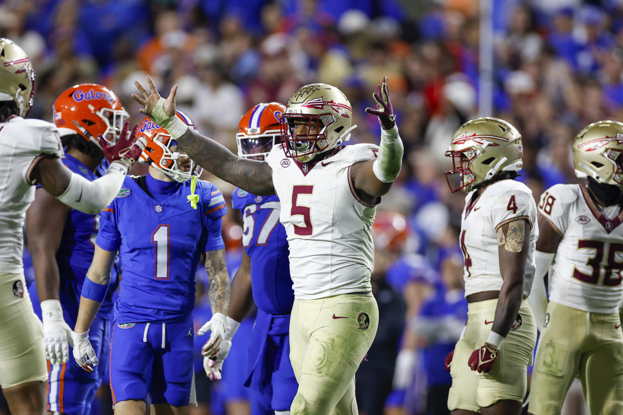 GAINESVILLE, FL - NOVEMBER 25: Florida State Seminoles defensive lineman Jared Verse (5) reacts after a play during the game between the Florida Gators and the Florida State Seminoles on November 25, 2023 at Ben Hill Griffin Stadium at Florida Field in Gainesville, Fl. (Photo by David Rosenblum/Icon Sportswire via Getty Images)