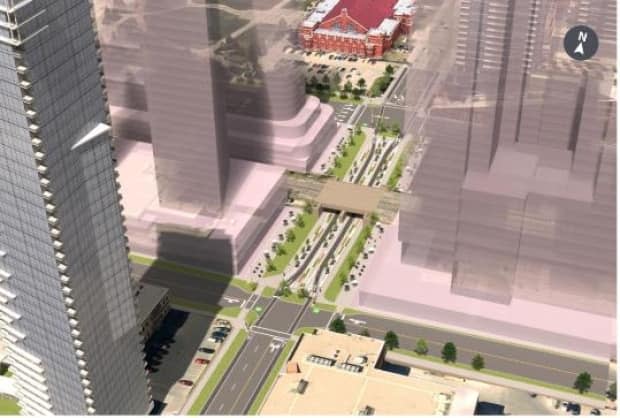 This artist's rendering is one of several proposed changes to the 11th Street S.W. where it crosses the CP Rail tracks. It includes walking and bike pathways — but gets rid of the existing car lanes. (City of Calgary - image credit)