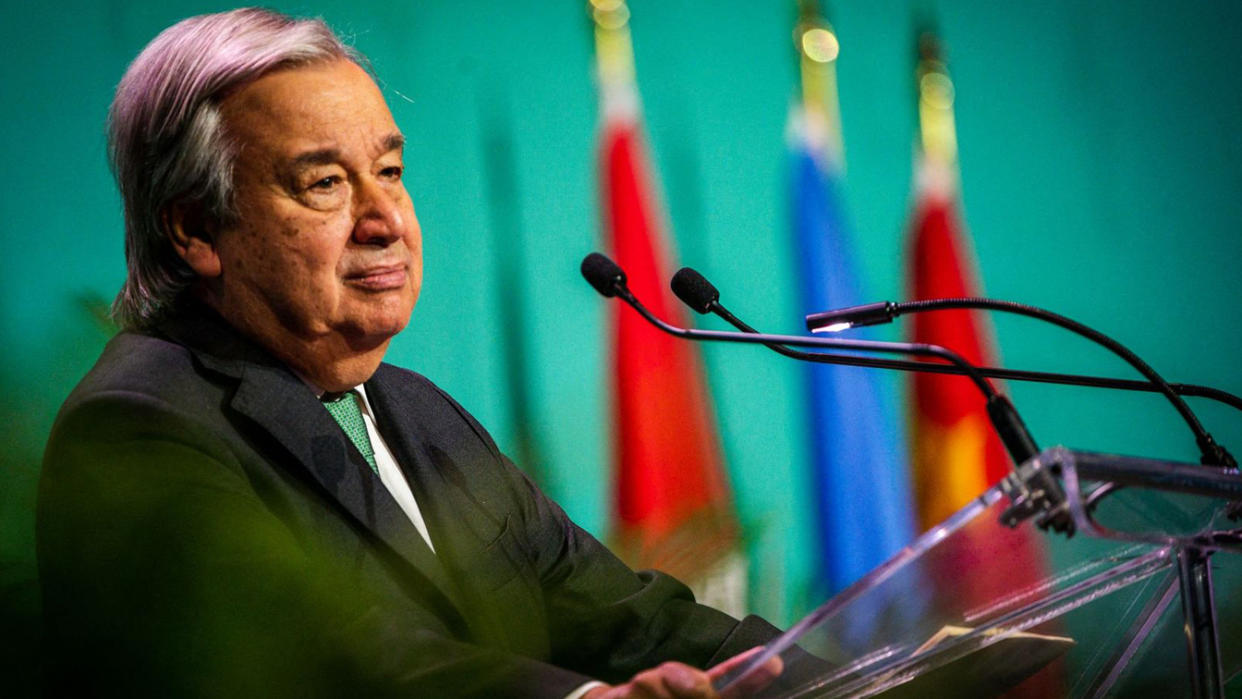 United Nations Secretary-General António Guterres stands at a podium.