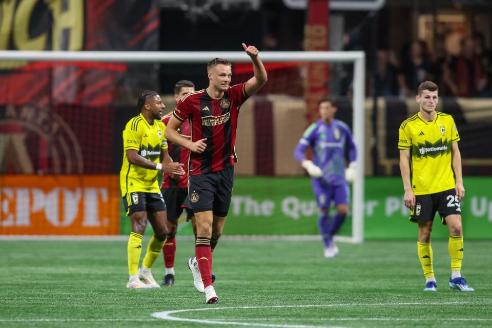 Jul 20, 2024; Atlanta, Georgia, USA; Atlanta United defender Stian Gregersen (5) celebrates after a goal against the Columbus Crew in the second half at Mercedes-Benz Stadium. Mandatory Credit: Brett Davis-USA TODAY Sports