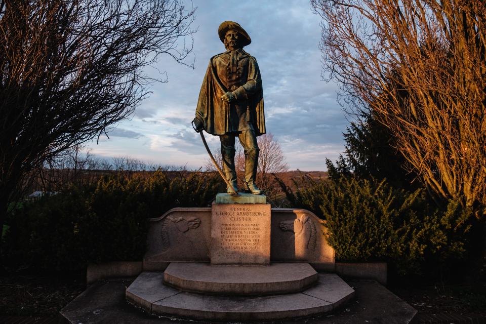 The General George Armstrong Custer Memorial is seen at sunset on, Thursday, April 6 in New Rumley, Custer's birthplace.