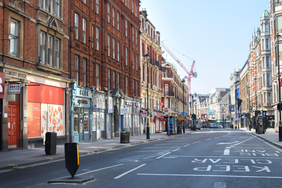 An empty Shaftesbury Avenue, London, as the UK continues in lockdown to help curb the spread of the coronavirus. Picture date: Thursday April 9, 2020. Photo credit should read: Matt Crossick/Empics