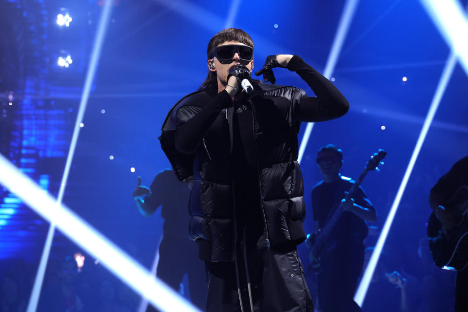 NEWARK, NEW JERSEY - SEPTEMBER 12: Peso Pluma performs onstage during the 2023 MTV Video Music Awards at Prudential Center on September 12, 2023 in Newark, New Jersey. (Photo by Kevin Mazur/Getty Images for MTV)