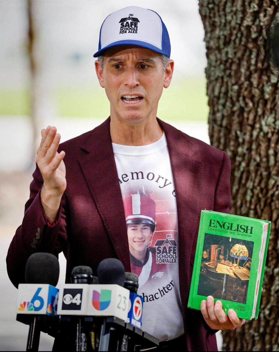 Max Schachter, the father of Alex Schachter who was murdered in English class during the Parkland massacre, speaks to the media after visiting the crime scene of the 2018 Parkland shooting in the 1200 building of Marjory Stoneman Douglas High School on Thursday, July 6, 2023.