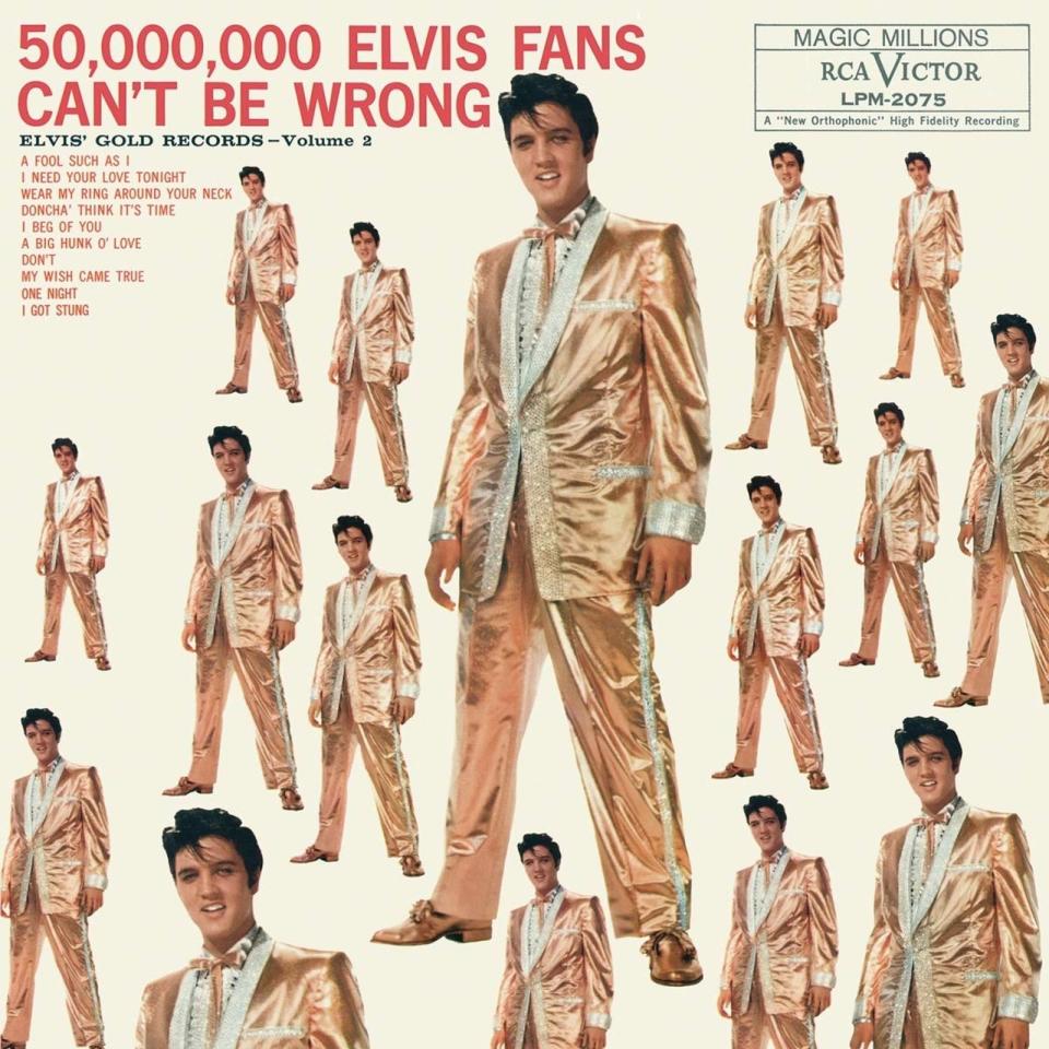 <p>Elvis, Elvis, immer wieder Elvis, noch dazu in Gold - was haben die sich nur dabei gedacht? Das Cover zur Hit-Sammlung "50.000.000 Elvis Fans Can't Be Wrong" (1959) war sicher keine kreative Meisterleistung, in dieser Form aber doch unnachahmlich. Oder ..? (Bild: RCA International)</p> 