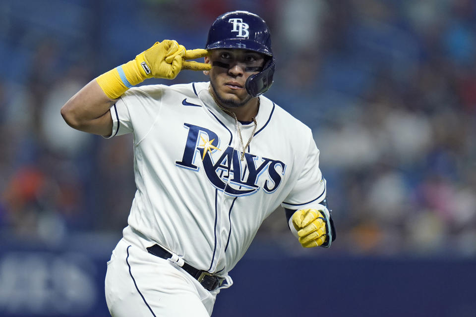 Tampa Bay Rays' Isaac Paredes celebrates after his solo home run off Houston Astros starting pitcher Lance McCullers Jr. during the seventh inning of a baseball game Wednesday, Sept. 21, 2022, in St. Petersburg, Fla. (AP Photo/Chris O'Meara)