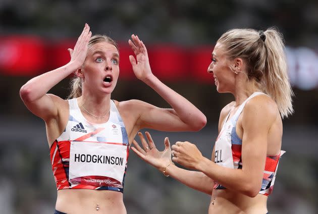 Keely Hodgkinson of Team Great Britain, with teammate Alexandra Bell, after she won the silver medal in the Women's 800m Final at the Tokyo 2020 Olympic Games. (Photo: Michael Steele via Getty Images)