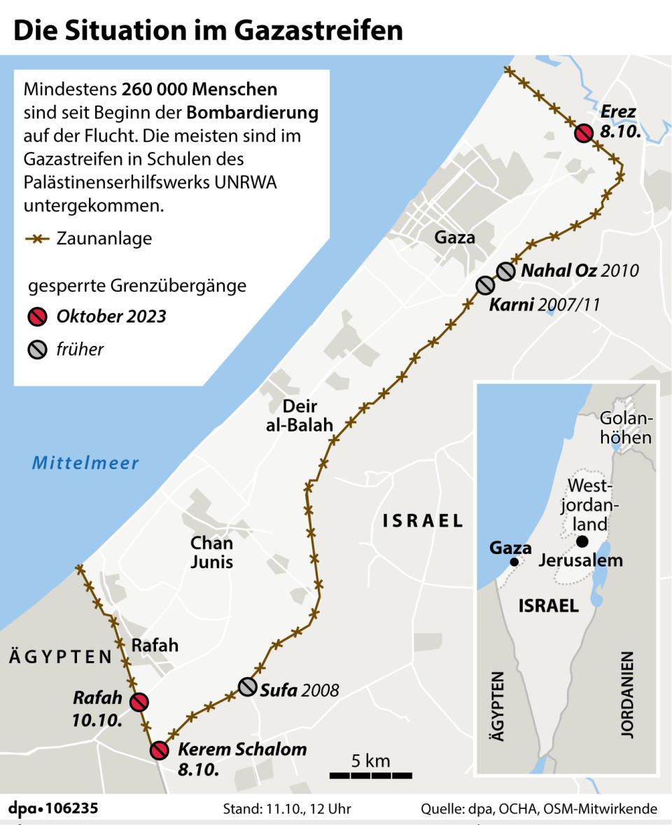 Karte des Gazastreifen mit Grenzübergängen und dem Sicherheitszaun entlang der Grenze. (Grafik: P. Massow, Redaktion: B. Jütte, B. Schaller)