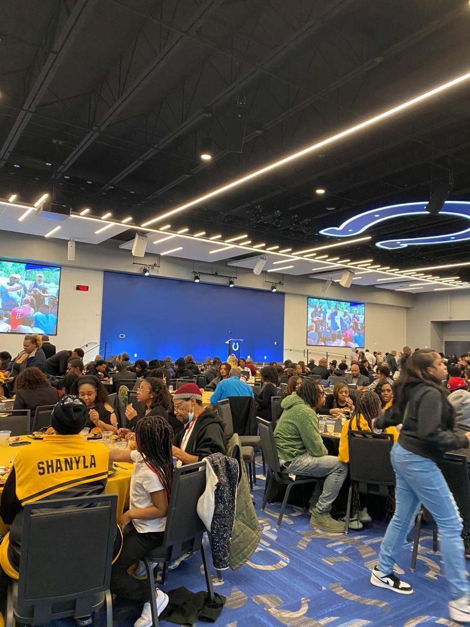 Hundreds gather at the Colts Indiana Farm Bureau Football Center for a repass to honor Coach Richard Donnell Hamilton. Indianapolis' professional football team paid for Hamilton's funeral, burial and repass.