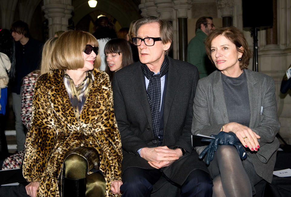 LONDON - FEBRUARY 19: (L-R) Anna Wintour, Bill Nighy and Diana Quick attend the Nicole Farhi show during London Fashion Week Autumn/Winter 2012 at the Royal Courts of Justice on February 19, 2012 in London, England. (Photo by Samir Hussein/Getty Images)