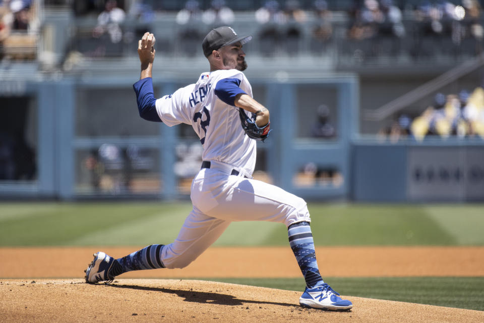 Los Angeles Dodgers starting pitcher Andrew Heaney throws during the first inning of a baseball game against the Cleveland Guardians in Los Angeles, Sunday, June 19, 2022. (AP Photo/Kyusung Gong)
