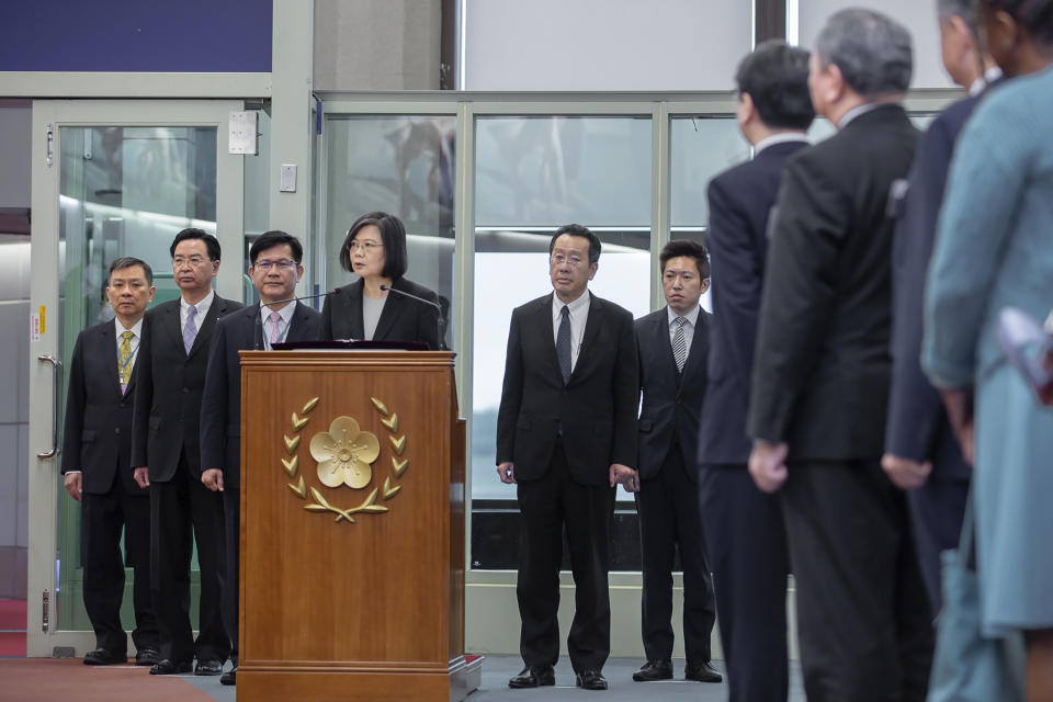 In this photo released by the Taiwan Presidential Office, Taiwan's President Tsai Ing-wen speaks before departing on an overseas trip at Taoyuan International Airport in Taipei, Taiwan, Wednesday, March 29, 2023. China has threatened "resolute countermeasures" over a planned meeting between Taiwanese President Tsai Ing-wen and Speaker of the United States House Speaker Kevin McCarthy during an upcoming visit in Los Angeles by the head of the self-governing island democracy. (Taiwan Presidential Office via AP)