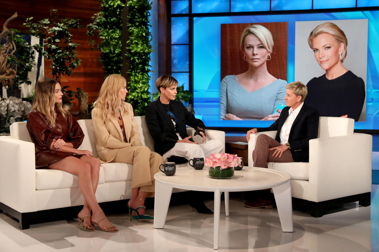 Alongside her "Bombshell" co-stars, Charlize Theron talks to Ellen DeGeneres about portraying Megyn Kelly in the film. (Photo: Michael Rozman/Warner Bros.)