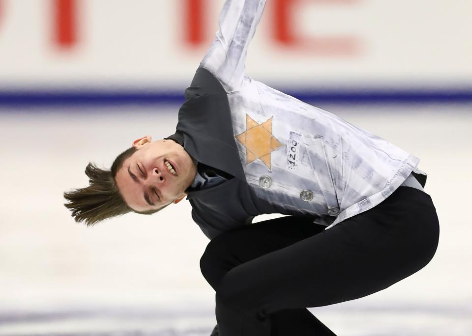 Russia's Anton Shulepov performed in a Auschwitz-themed costume in November, and the ISU claims it accidentally nominated that costume for an end-of-year award. (Photo by JUNKO KIMURA-MATSUMOTO/AFP via Getty Images)