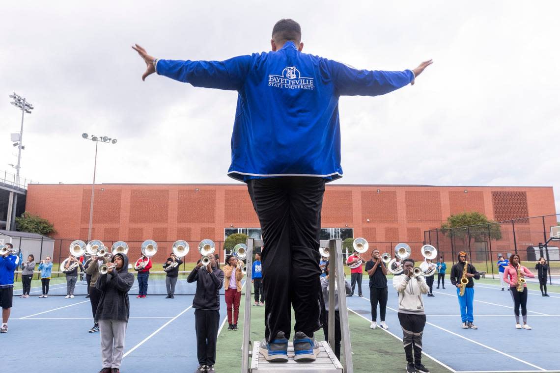 The Fayetteville State University marching band practices prior to a homecoming football game on Fayetteville State’s campus Friday, Oct. 20, 2023. Fayetteville State began offering heavily discounted tuition through the NC Promise Tuition Program in fall 2022. Travis Long/tlong@newsobserver.com