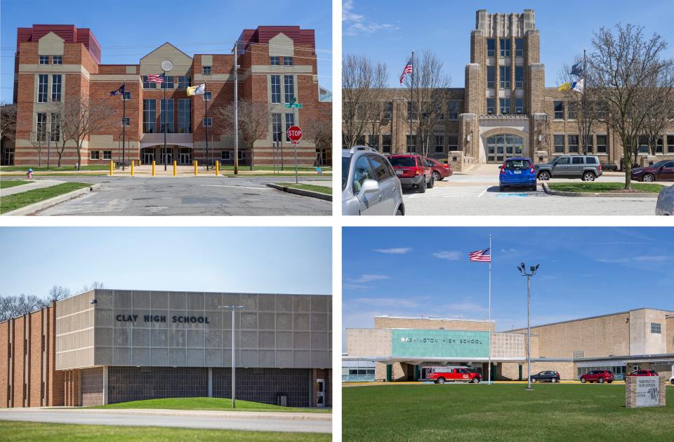 Riley High School, top/left, Adams High School, top/right, Clay High School, bottom/left, and Washington High School on Tuesday, April 12, 2022, in South Bend. 