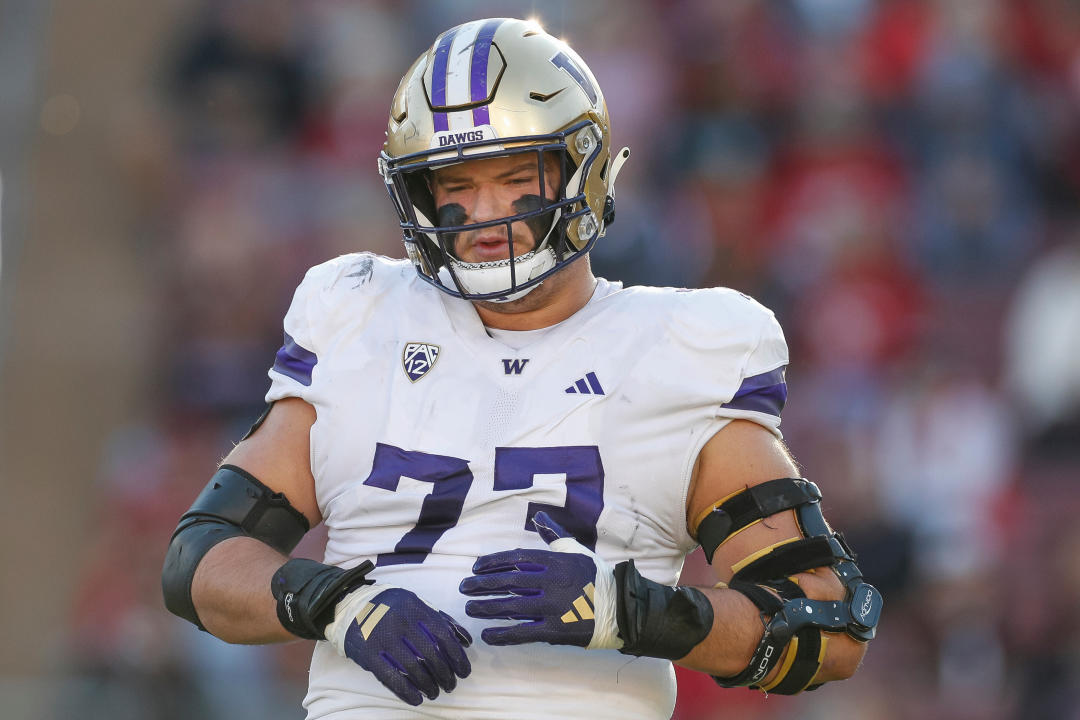 STANFORD, CALIFORNIA - OCTOBER 28: Roger Rosengarten #73 of the Washington Huskies looks on during a game against the Stanford Cardinal at Stanford Stadium on October 28, 2023 in Stanford, California. (Photo by Brandon Sloter/Image Of Sport/Getty Images)