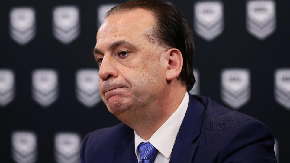 Peter V'landys, pictured here speaks to the media at NRL headquarters.