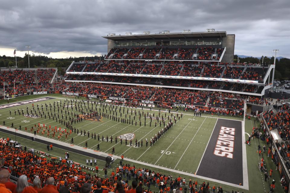 The Oregon State marching band performs the National Anthem in front of the new side of Reser Stadium before a game against Utah Friday, Sept. 29, 2023, in Corvallis, Ore. Oregon State knocked off the highe-ranked Utes and are enjoying a banner year, but clouds hang over the program due to conference realignment. | Amanda Loman, Associated Press