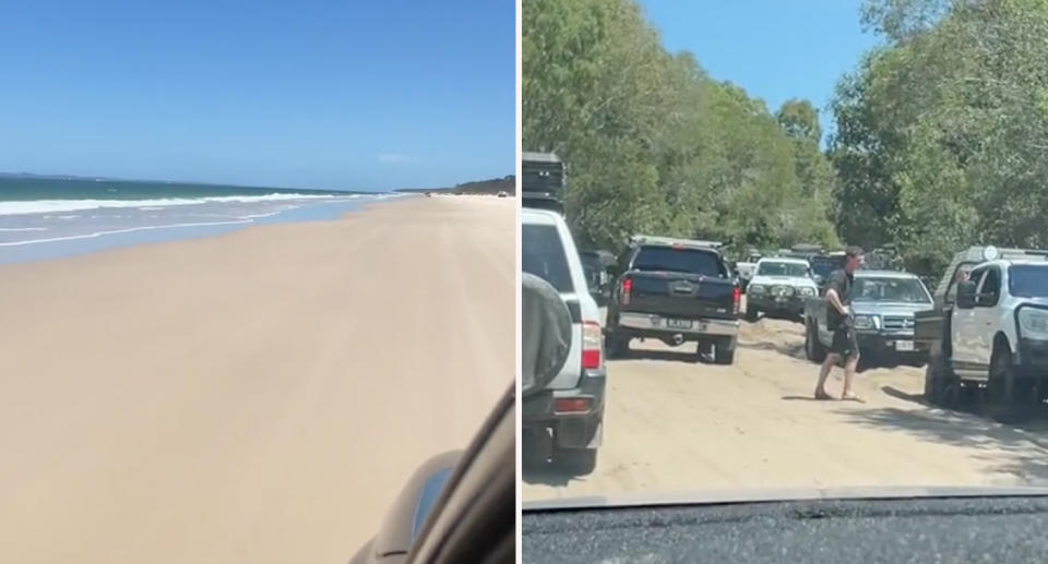 Left: A wide flat section on Bribie Island. Right: Several vehicles bogged on the access road to beach at Bribie Island. 