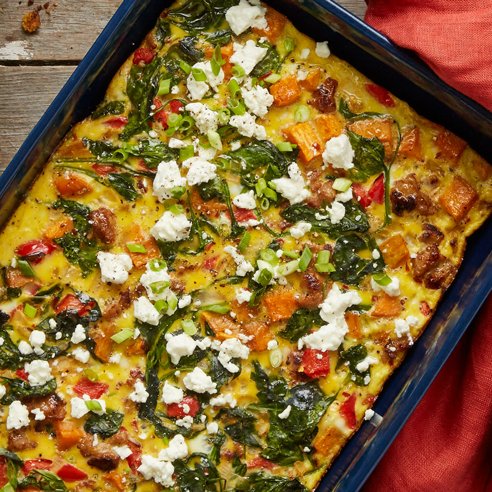 Sweet Potato, Sausage and Goat Cheese Egg Casserole