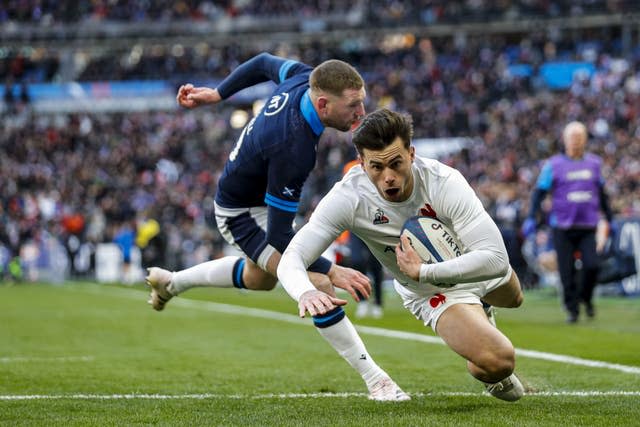 France’s Ethan Dumortier scores a try against Scotland